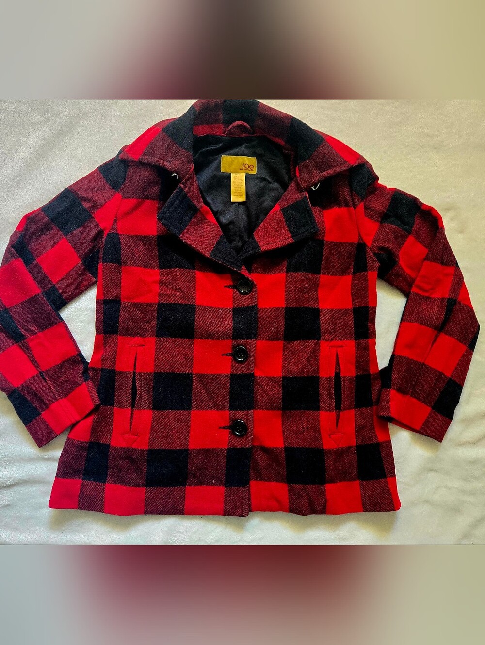 Joe Fresh Red and Black Buffalo Plaid Peacoat, As Is